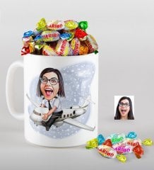 Kişiye Özel Bayan Kaptan Pilot Karikatürlü Kupa ve Haribo Fruitbons Şeker Hediye Seti