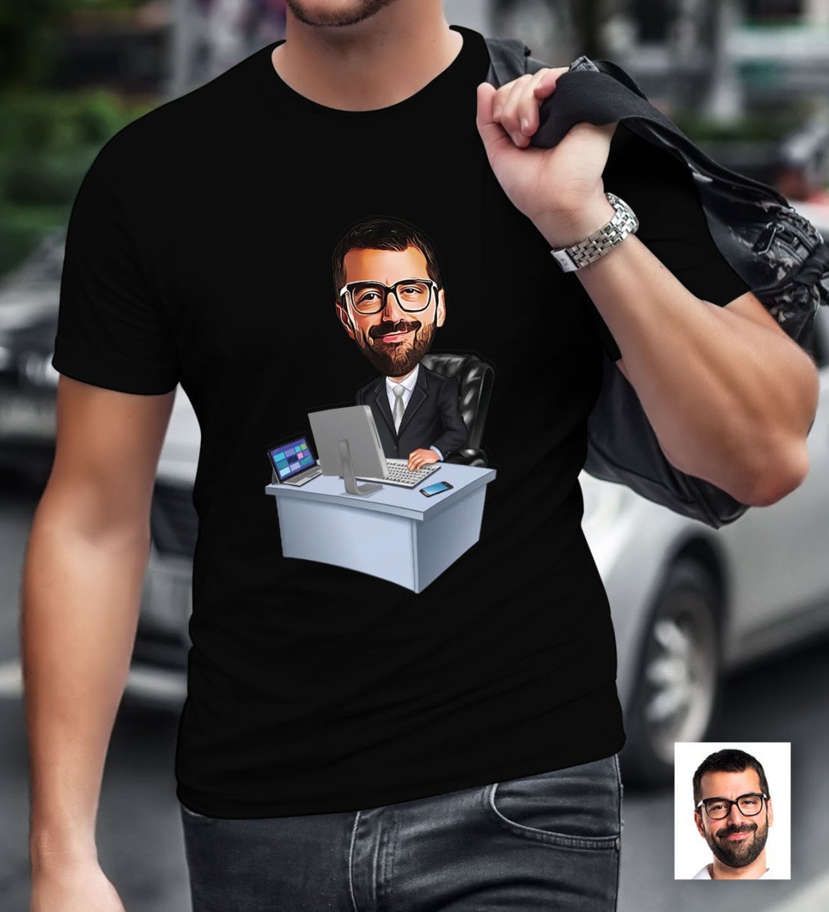 Kişiye Özel Bay Genel Müdür Karikatürlü Siyah T-Shirt