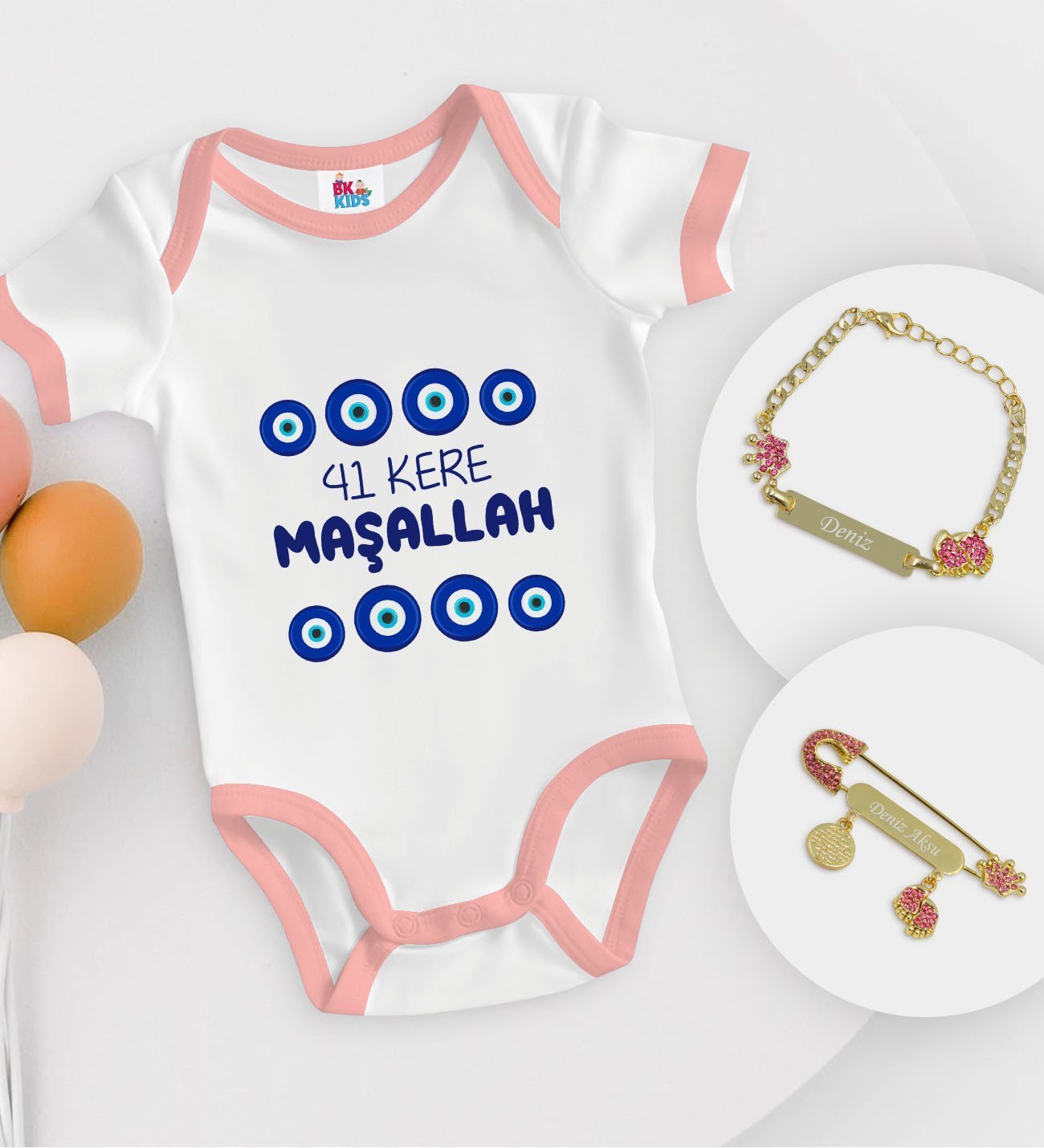 BK Kids Kişiye Özel Maşallah Tasarımlı Pembe Bebek Body Zıbın Kız Bebek Künyesi ve İğnesi Hediye Seti-2