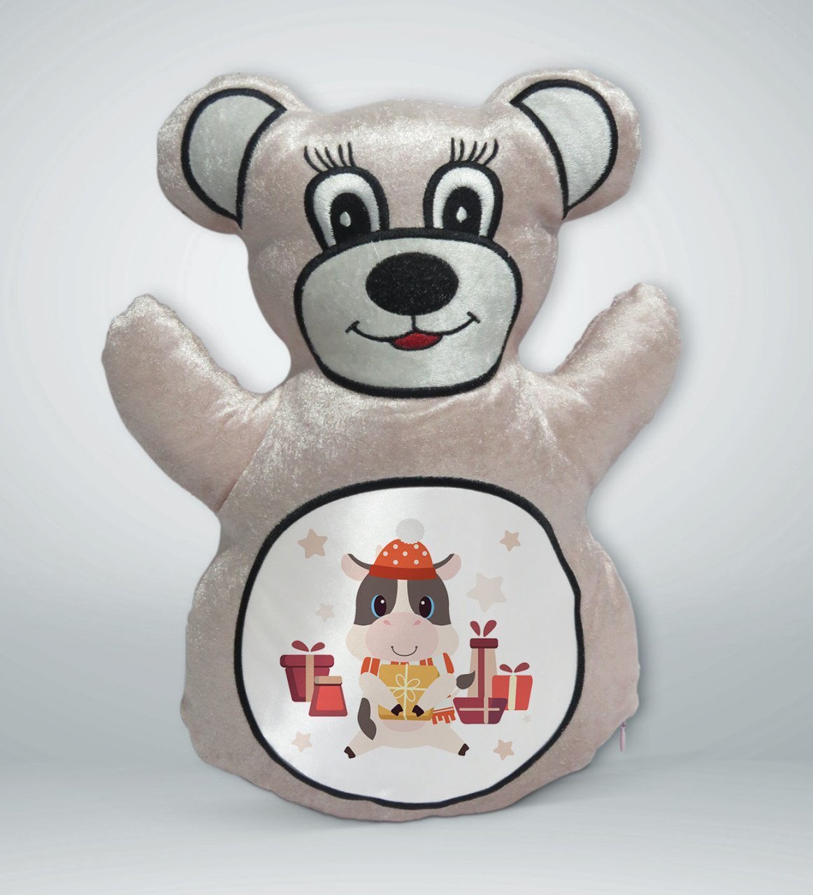 BK Gift Sevimli İnek Tasarımlı Krem Ayıcık Yastık-1