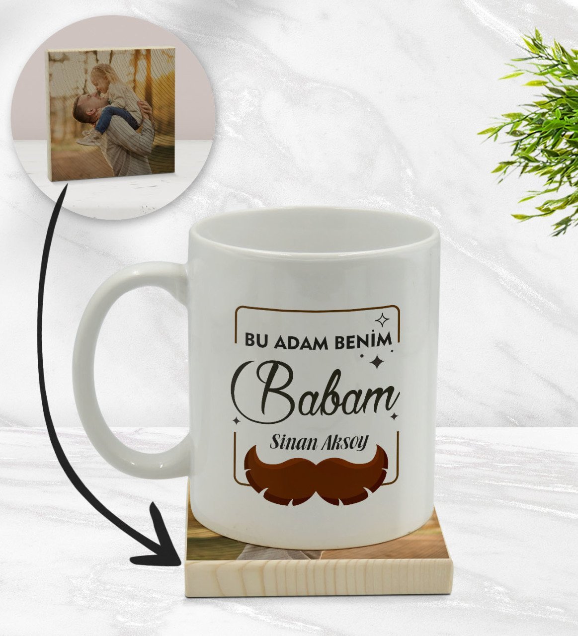Kişiye Özel Bu Adam Benim Babam Tasarımlı Beyaz Kupa Bardak ve Ahşap Bardak Altlığı Hediye Seti - Model 1