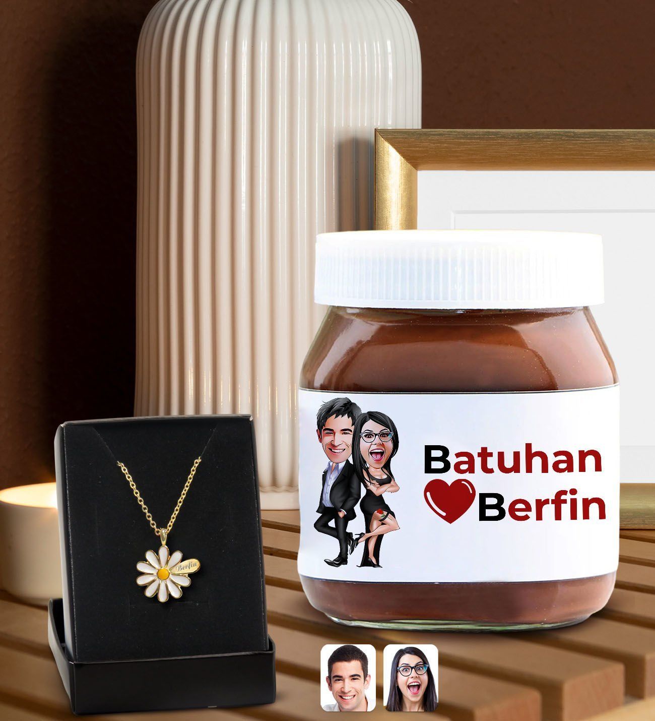 BK Gift Sevgiliye Özel İsimli Papatya Kolye ve Karikatürlü Nutella 400gr. Hediye Seti, Sevgililer Günü Hediye, Doğum Günü Hediyesi, Sevgiliye Hediye-9