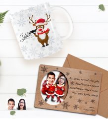 Kişiye Özel Mutlu Yıllar Kupa Bardak ve Retro Ahşap Yılbaşı Tebrik Kartı Hediye Seti-5E