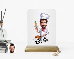 Kişiye Özel Erkek Chef Karikatürlü Ahşap Standlı Çerçeve