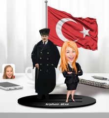BK Gift Kişiye Özel Atatürk ve Erkek Öğretmen Temalı 2 Katmanlı Karikatürlü Ahşap Biblo- 3, Öğretmene Hediye, Öğretmenler Günü, 100. Yıl Hediyesi