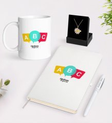 Kişiye Özel Öğretmen Beyaz Kupa Defter Kalem ve İsimli Papatya Kolye Hediye Seti-4