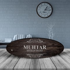 Kişiye Özel Mesleki Muhtar Ahşap Oval Masa İsimliği - 3