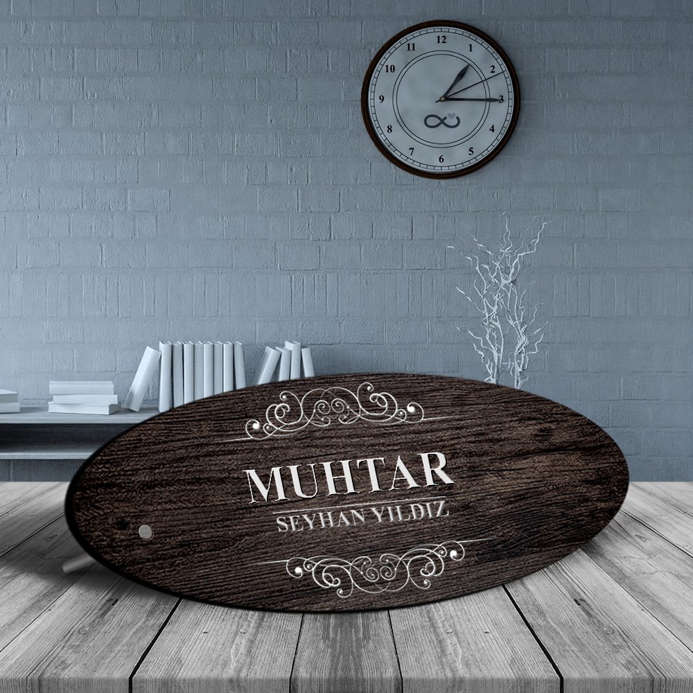 Kişiye Özel Mesleki Muhtar Ahşap Oval Masa İsimliği - 3