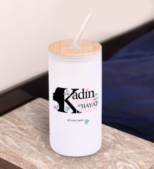 BK Gift Kadınlar Gününe Özel İsimli Beyaz Renk Pipetli Buzlu Cam Bardak 600ml - 1, 8 Mart Kadınlar Günü