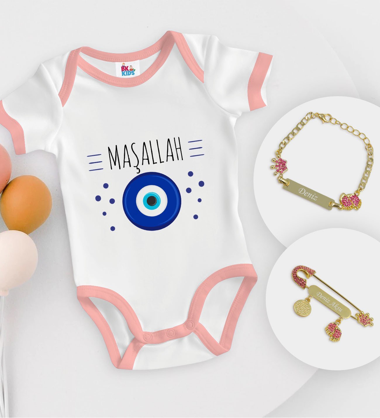 BK Kids Kişiye Özel Maşallah Tasarımlı Pembe Bebek Body Zıbın Kız Bebek Künyesi ve İğnesi Hediye Seti-1