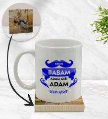 Kişiye Özel Benim Babam Adam Gibi Adam Tasarımlı Beyaz Kupa Bardak ve Ahşap Bardak Altlığı Hediye Seti - Model 1