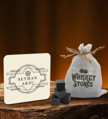 BK Gift Kişiye Özel Ahşap Bardak Altlığı ve 6’lı Granit Viski Taşı Hediye Seti - Model 1