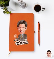 Kişiye Özel Erkek Karikatürlü Turuncu Termo Deri Defter Kalem Seti Model 52