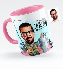 Kişiye Özel Bay Balıkçı Karikatürlü Pembe Kupa Bardak - 1