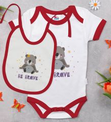 BK Kids Be Brave Tasarımlı Kırmızı Bebek Body Zıbın ve Mama Önlüğü Hediye Seti-1