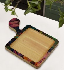 BK Gift Modern Art Tasarımlı Kare Şeklinde Doğal Ahşap Servis ve Sunum Tabağı Model 20