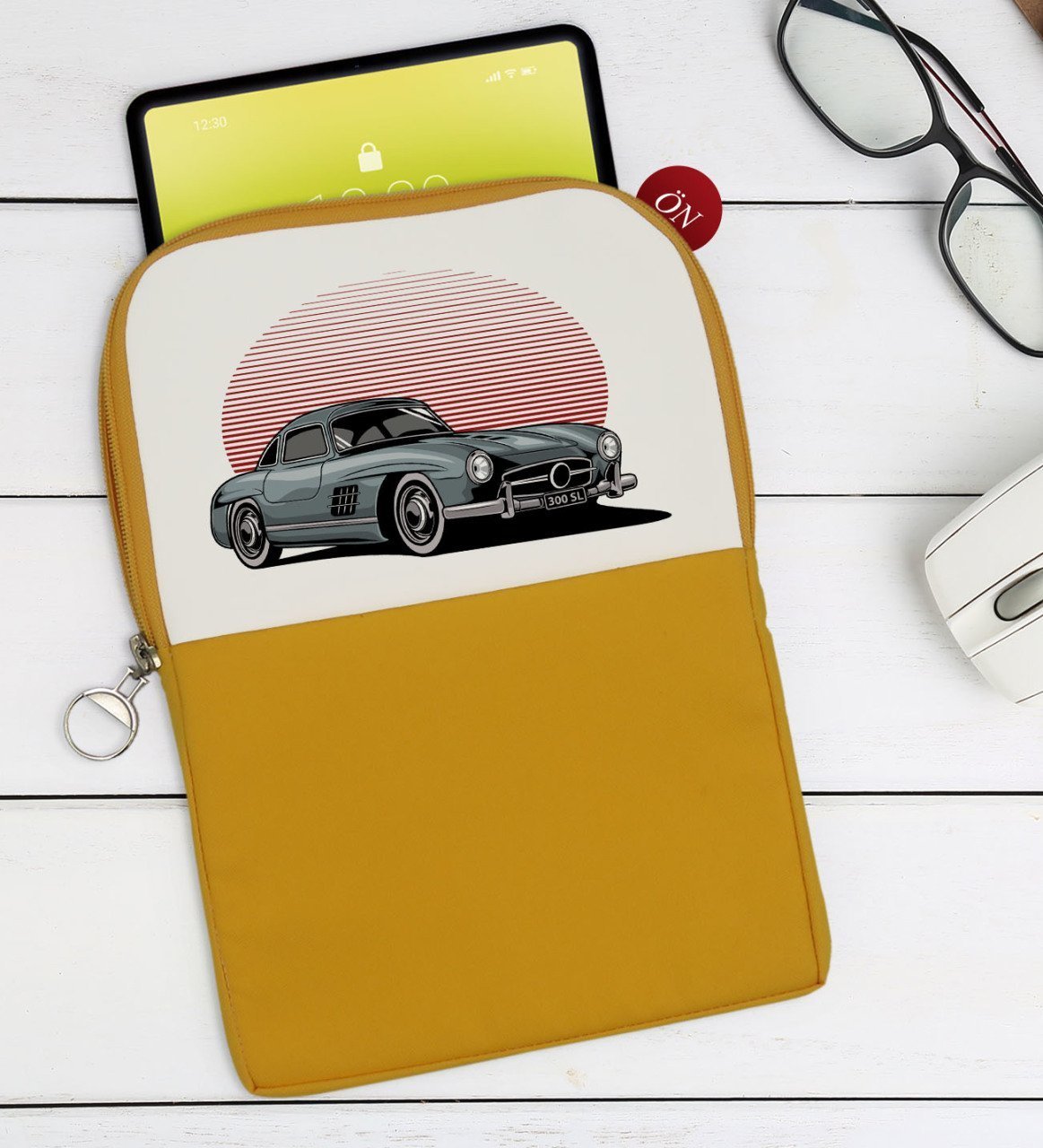 BK Gift Klasik Araç Tasarımlı Taşınabilir Koruyucu Tablet Kılıfı & Organizer Çanta - Sarı-9