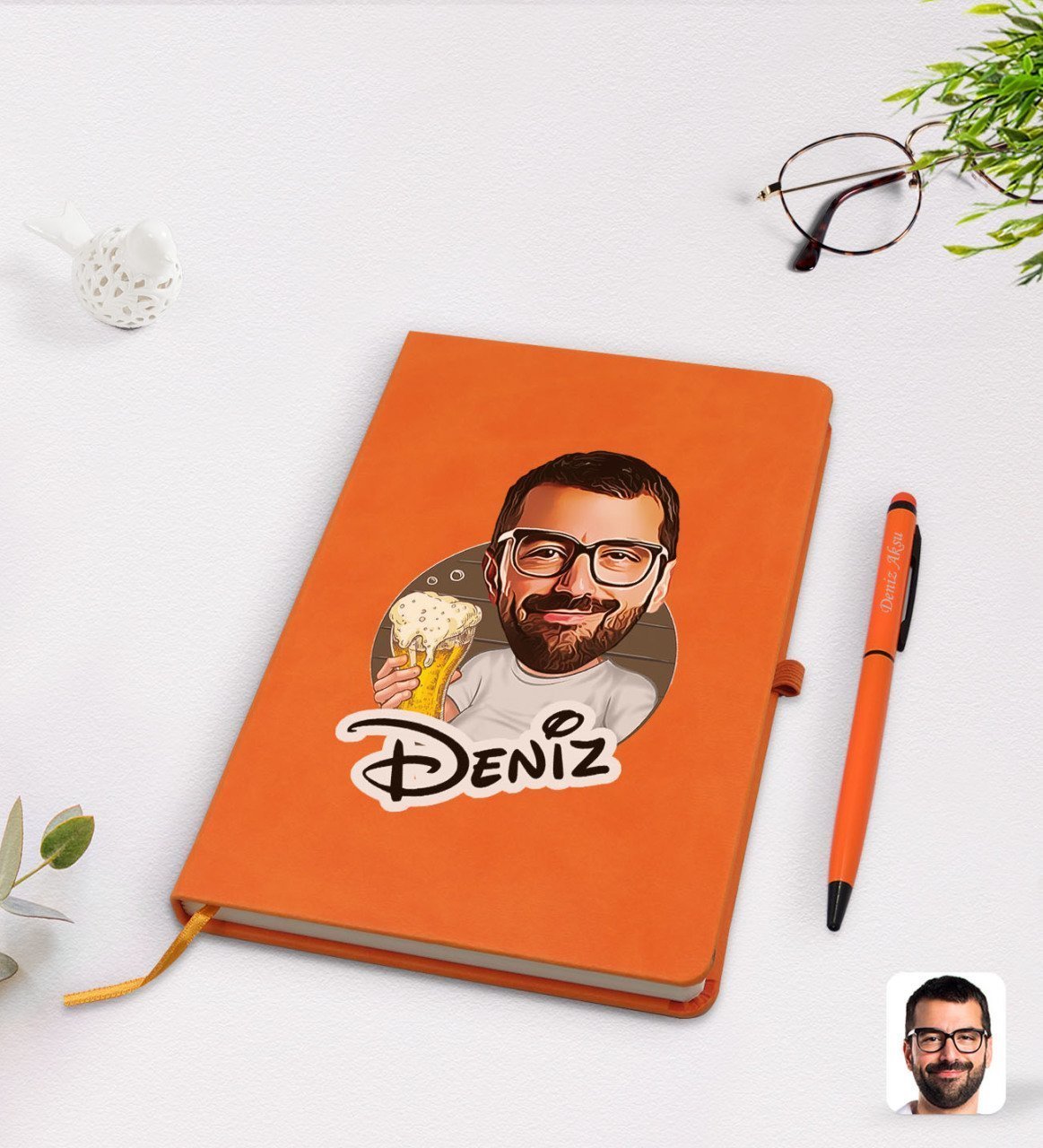 Kişiye Özel Erkek Karikatürlü Turuncu Termo Deri Defter Kalem Seti Model 51