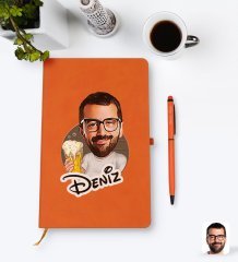 Kişiye Özel Erkek Karikatürlü Turuncu Termo Deri Defter Kalem Seti Model 51