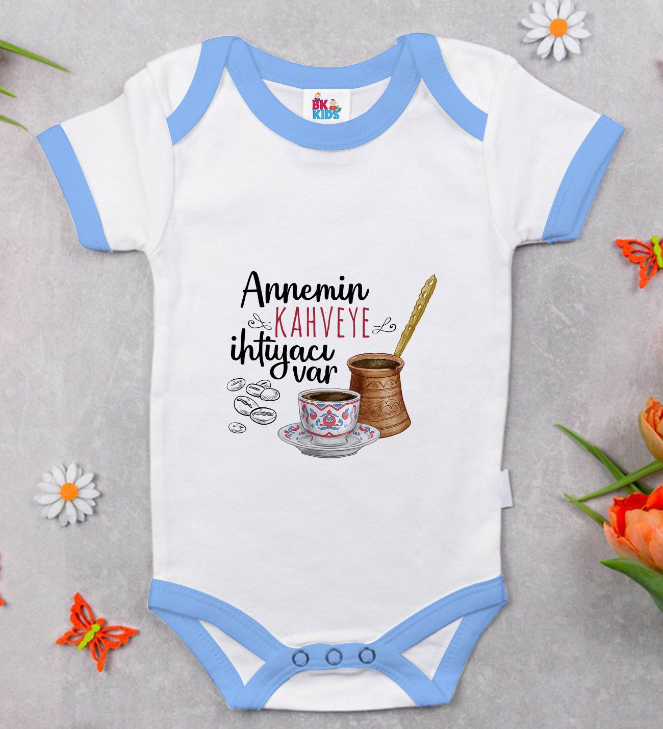 BK Kids Annemin Kahveye İhtiyacı Var Tasarımlı Mavi Bebek Body Zıbın-1