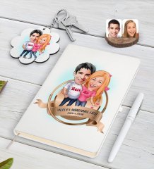 Kişiye Özel Yılın En Mükemmel Çifti Karikatürlü Beyaz Defter Kalem ve Anahtarlık Hediye Seti-5