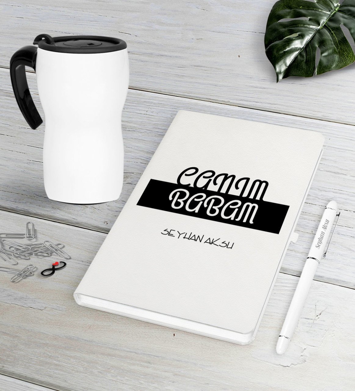 Kişiye Özel Canım Babam Beyaz Defter Kalem Termos Mug Seti-4