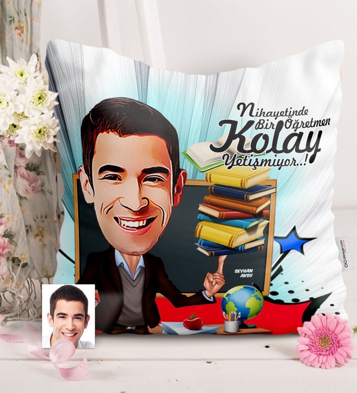 Kişiye Özel Bay Öğretmen Karikatürlü Saten Yastık - 2