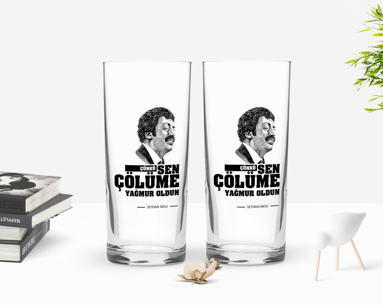 Kişiye Özel Renkli Baskılı Çünkü Sen Çölüme Yağmur Oldun Tasarımlı İkili Rakı Bardağı Seti-8