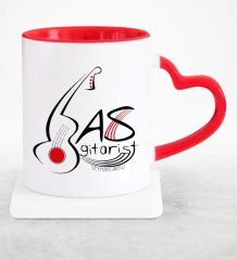 Kişiye Özel Mesleki Bas Gitarist Kırmızı Kalpli Kupa Bardak - 1