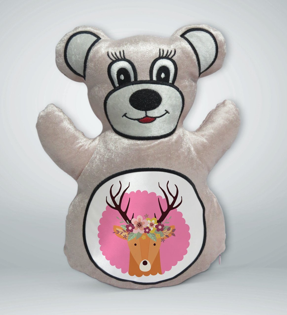 BK Gift Sevimli Geyik Tasarımlı Krem Ayıcık Yastık-1
