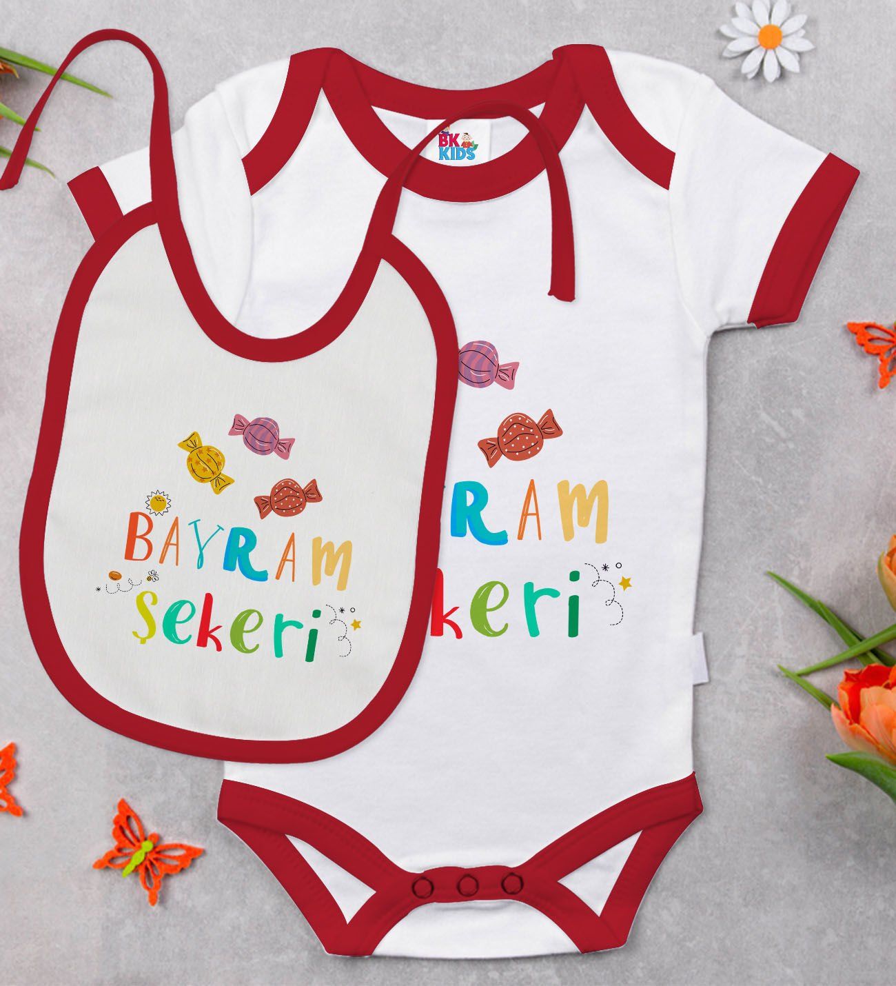 BK Kids Bayram Şekeri Tasarımlı Kırmızı Bebek Body Zıbın ve Mama Önlüğü Hediye Seti-1