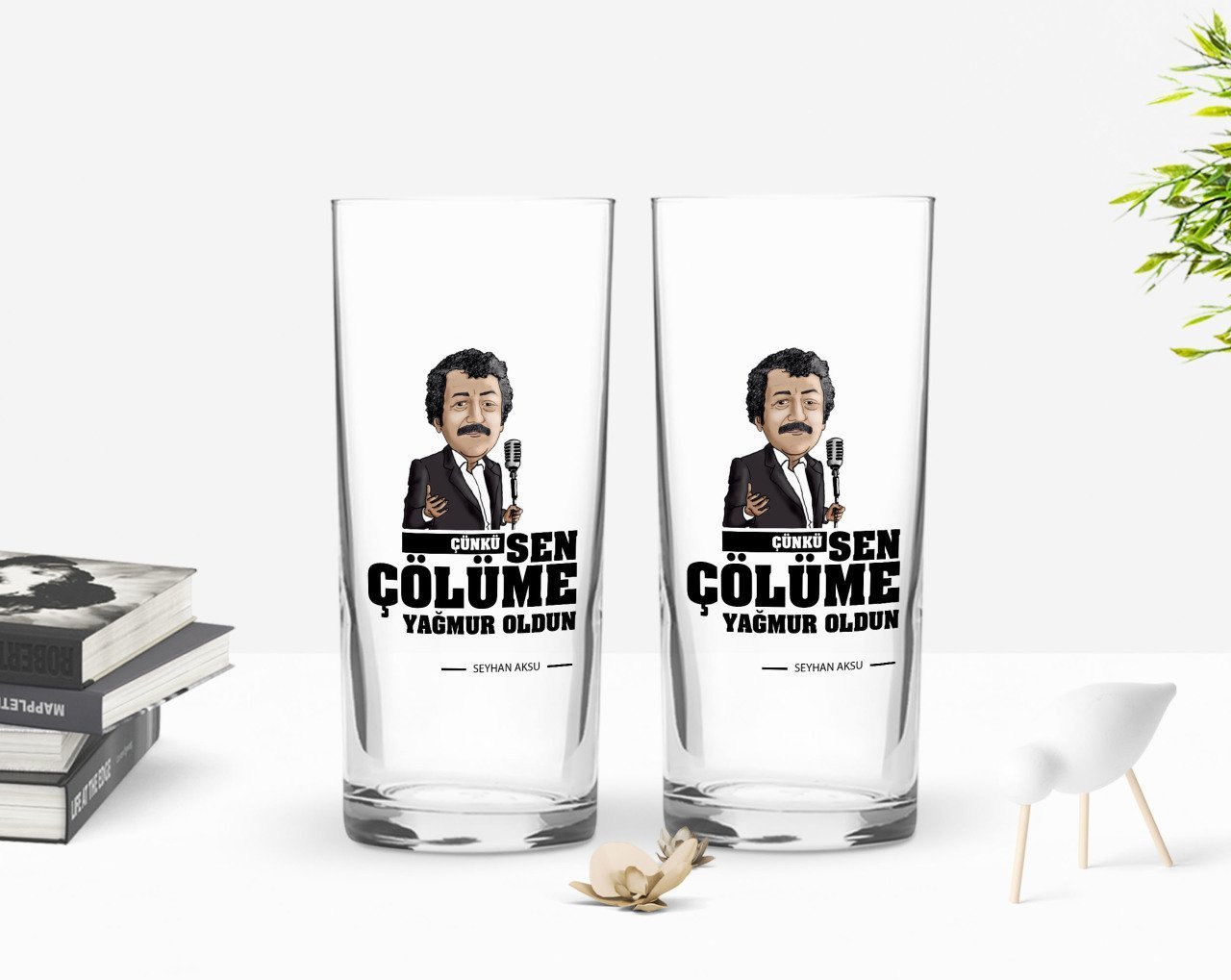 Kişiye Özel Renkli Baskılı Çünkü Sen Çölüme Yağmur Oldun Tasarımlı İkili Rakı Bardağı Seti-7