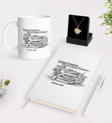Kişiye Özel Öğretmen Beyaz Kupa Defter Kalem ve İsimli Papatya Kolye Hediye Seti-1