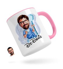 Kişiye Özel Erkek Diş Hekimi Karikatürlü Pembe Kupa Bardak-2