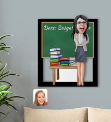 Kişiye Özel Kadın Sosyal Bilgiler Öğretmeni Karikatürlü 3D Ahşap Tablo-1