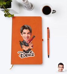 Kişiye Özel Erkek Kuaför Karikatürlü Turuncu Termo Deri Defter Kalem Seti Model 1