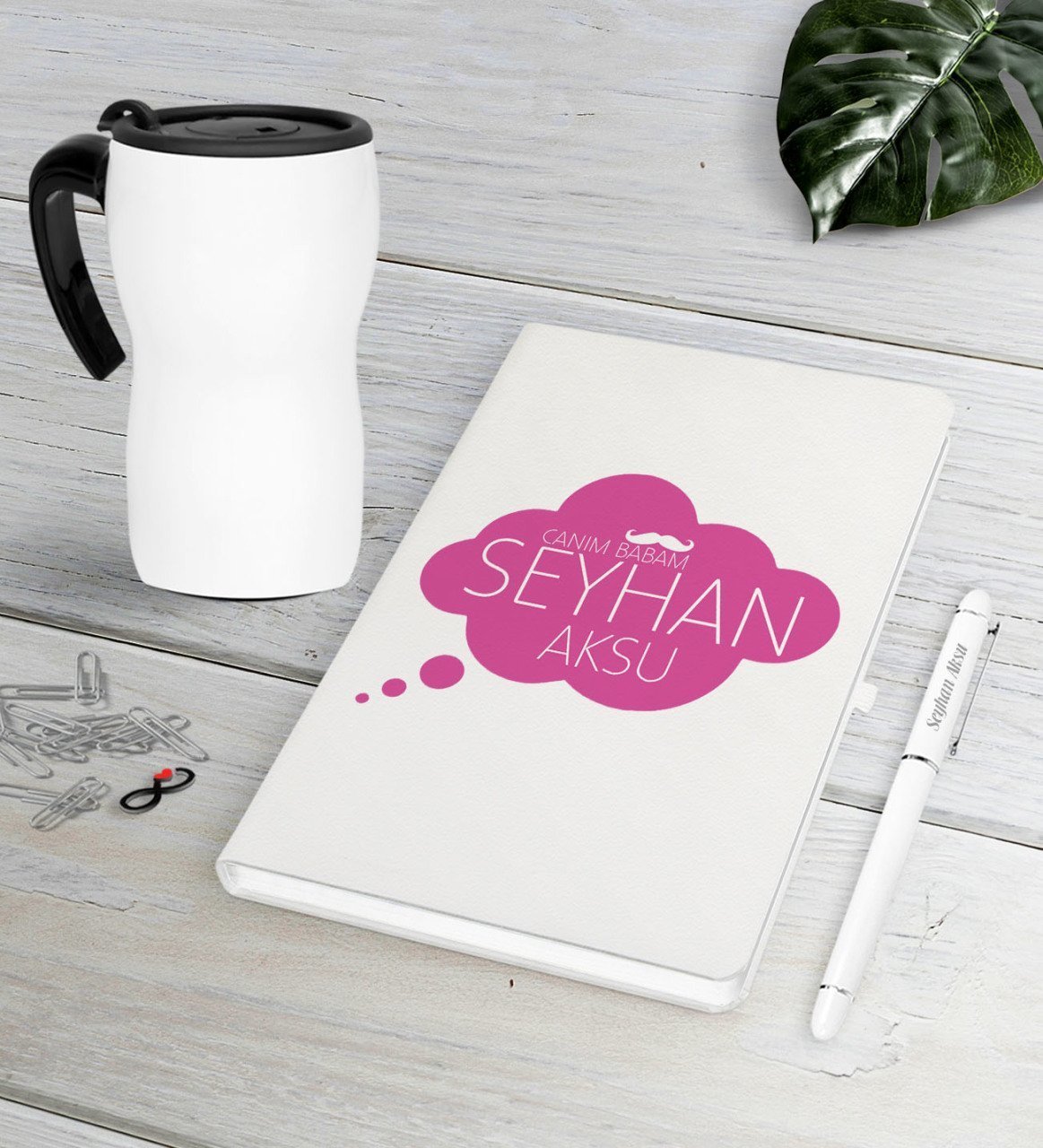 Kişiye Özel Canım Babam Beyaz Defter Kalem Termos Mug Seti-2