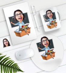Kişiye Özel Bayan Öğretmen Karikatürlü Defter Kalem Kupa Mouse Pad Seti-2
