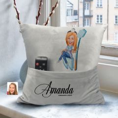 BK Gift Kişiye Özel Kadın Diş Hekimi Karikatür Tasarımlı Organizer Kumanda ve Atıştırmalık Cepli Gri Kırlent Yastık-2 Arkadaşa Hediye, Cepli Yastık