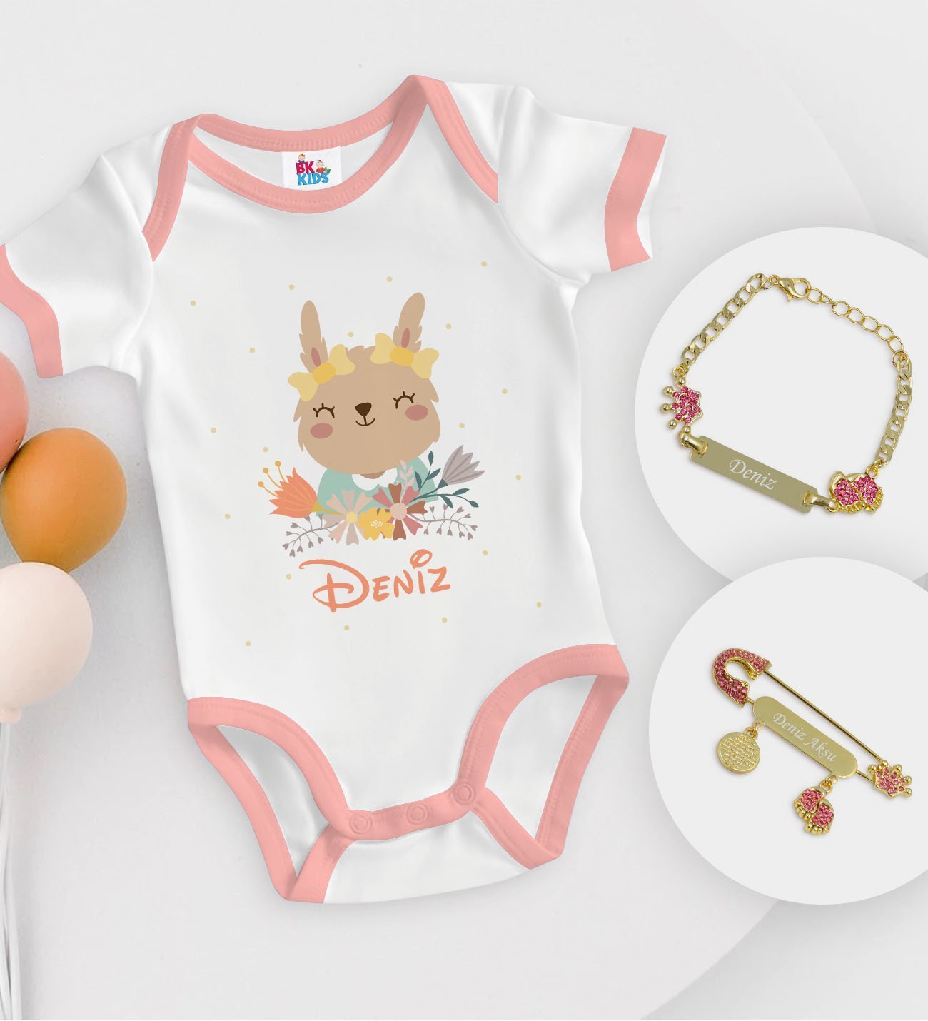 BK Kids Kişiye Özel İsimli Pembe Bebek Body Zıbın Kız Bebek Künyesi ve İğnesi Hediye Seti-14