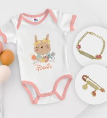 BK Kids Kişiye Özel İsimli Pembe Bebek Body Zıbın Kız Bebek Künyesi ve İğnesi Hediye Seti-14