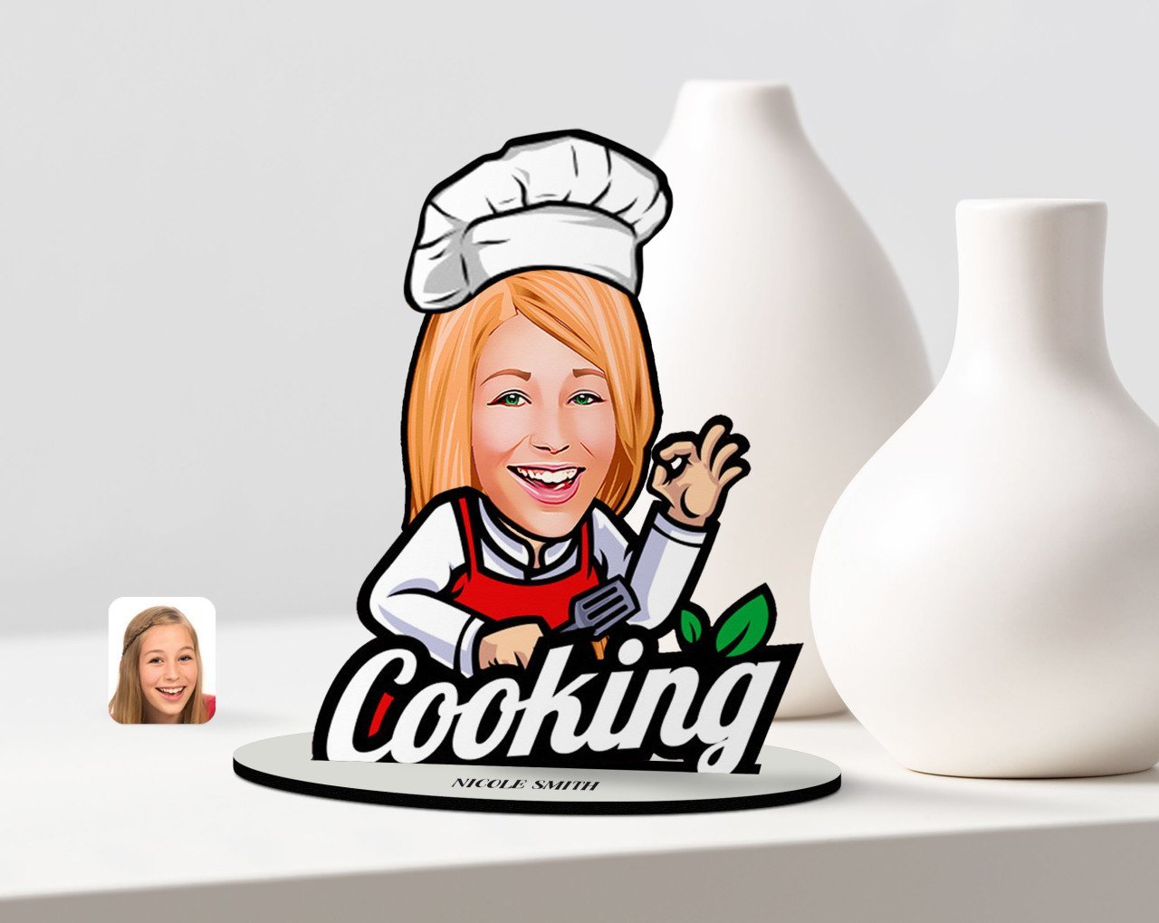 Kişiye Özel Kadın Chef Karikatürlü Ahşap Biblo Model-14