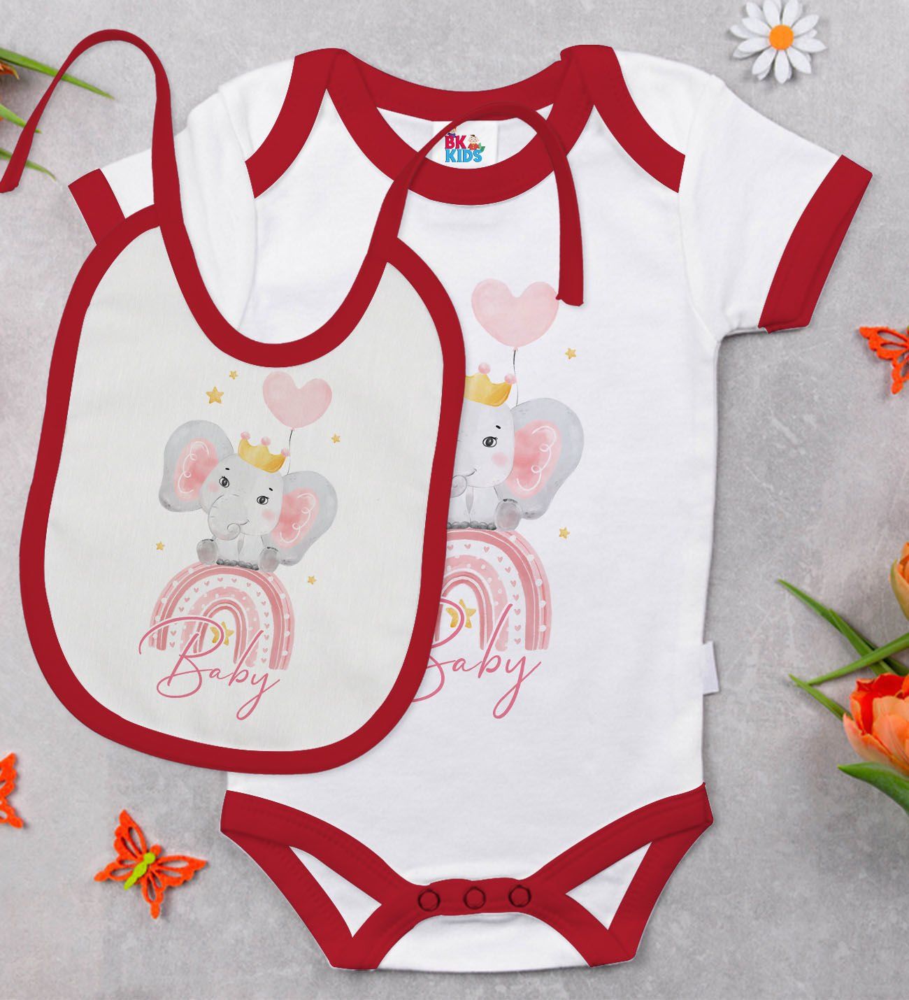 BK Kids Baby Tasarımlı Kırmızı Bebek Body Zıbın ve Mama Önlüğü Hediye Seti-3