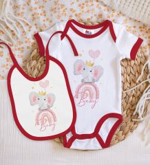 BK Kids Baby Tasarımlı Kırmızı Bebek Body Zıbın ve Mama Önlüğü Hediye Seti-3