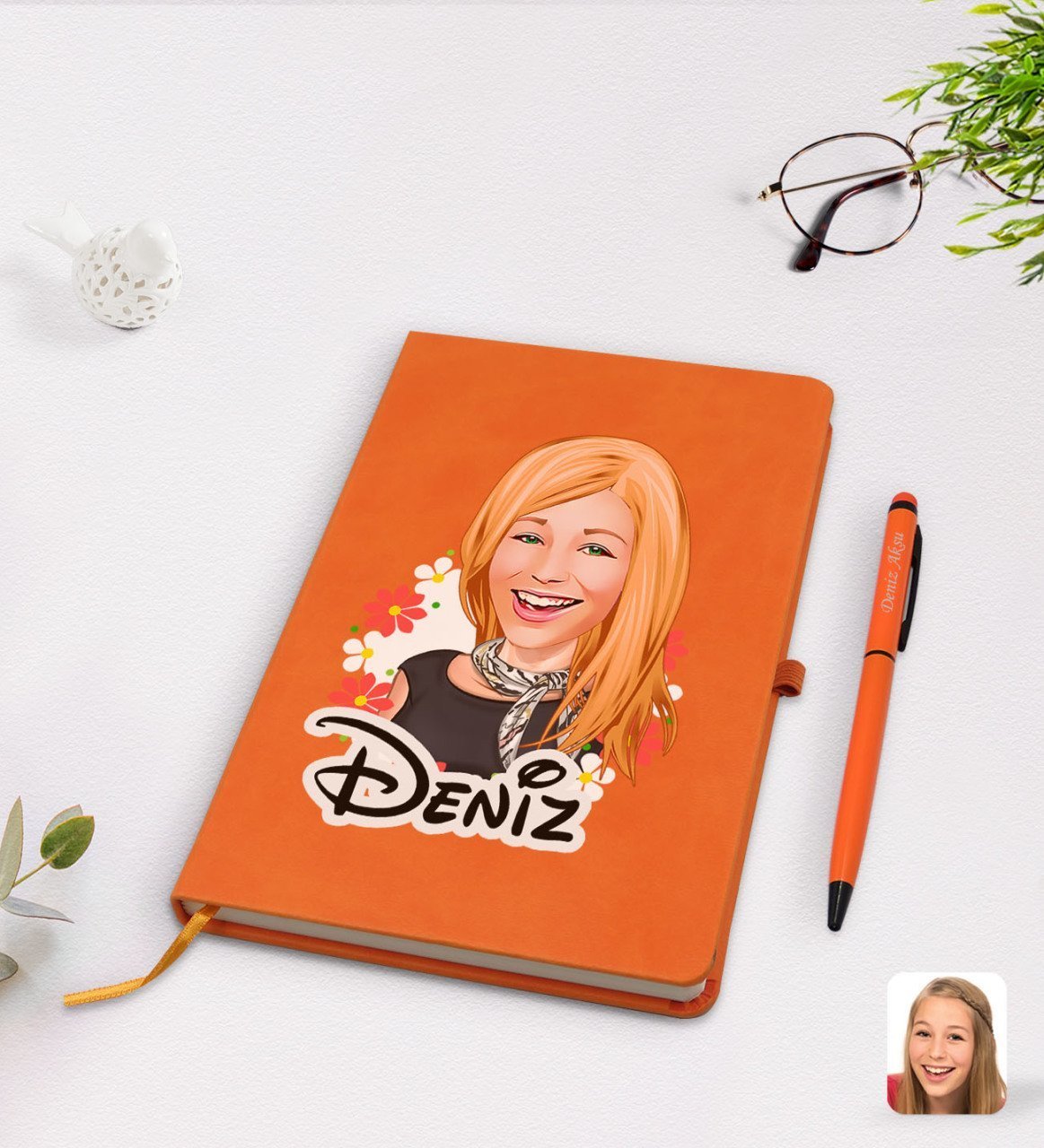 Kişiye Özel Kadın Karikatürlü Turuncu Termo Deri Defter Kalem Seti Model 51