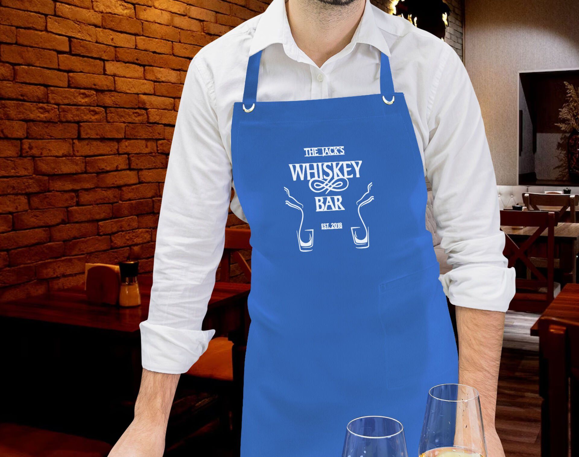 BK Gift Kişiye Özel İsimli Tarihli Bar Tasarımlı Profesyonel Mavi Mutfak Önlüğü, Aşçı Önlüğü, Şef Önlüğü, Arkadaşa Hediye-11