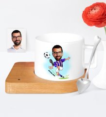 Kişiye Özel Futbol Sarı Lacivert Karikatür Ahşap Altlıklı Seramik Fincan - 1