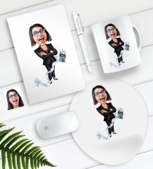 Kişiye Özel Bayan Muhasebeci Karikatürlü Defter Kalem Kupa Mouse Pad Seti