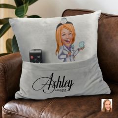 BK Gift Kişiye Özel Kadın Diş Hekimi Karikatür Tasarımlı Organizer Kumanda ve Atıştırmalık Cepli Gri Kırlent Yastık-1 Arkadaşa Hediye, Cepli Yastık