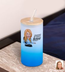 BK Gift Karikatürlü Mavi Renk Pipetli Buzlu Cam Bardak 600ml - 4, Arkadaşa Hediye, Doğum Günü Hediyesi